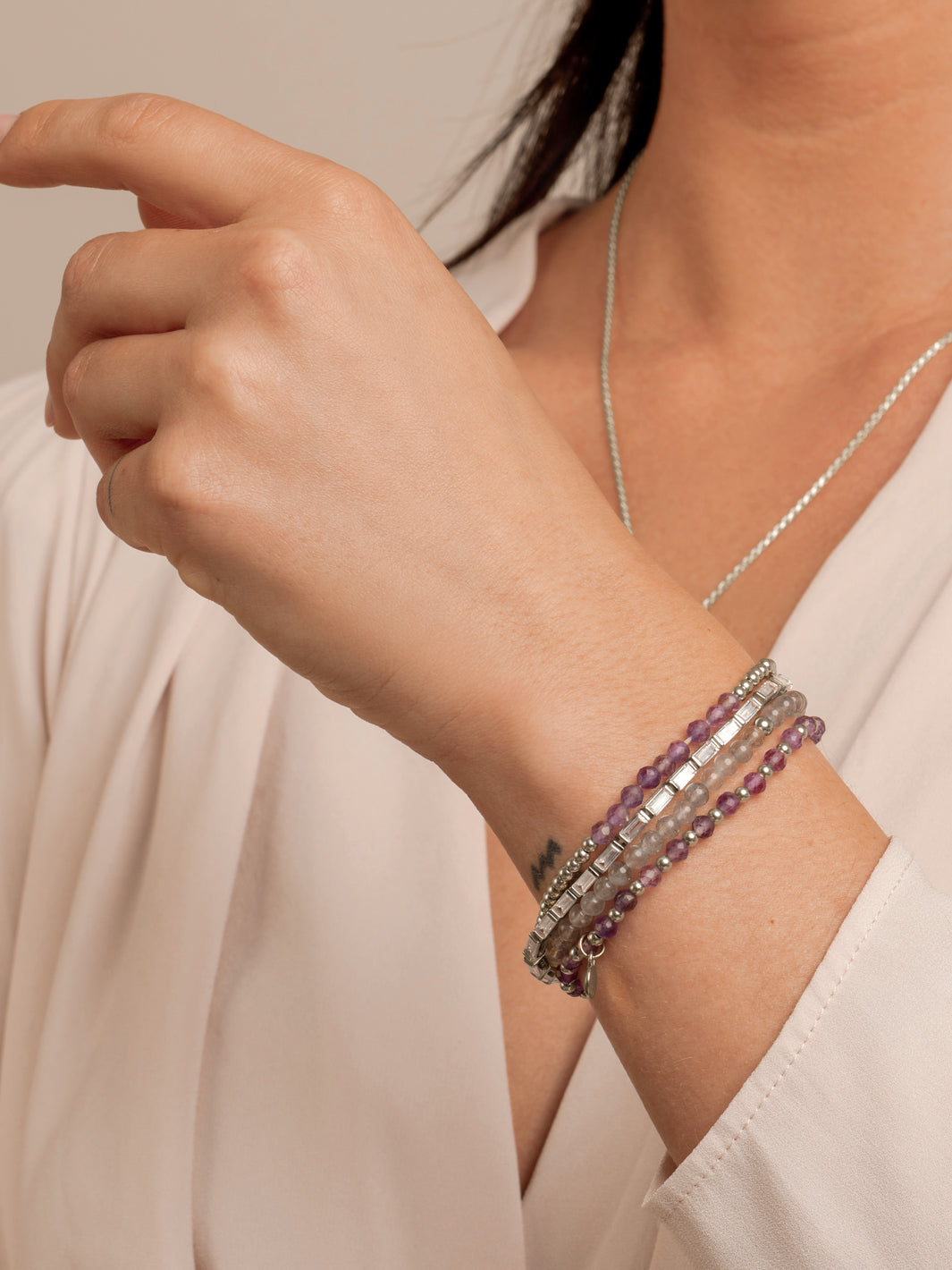 Labradorite & Amethyst Tennis Baguette Armbanden Stack | Zilver