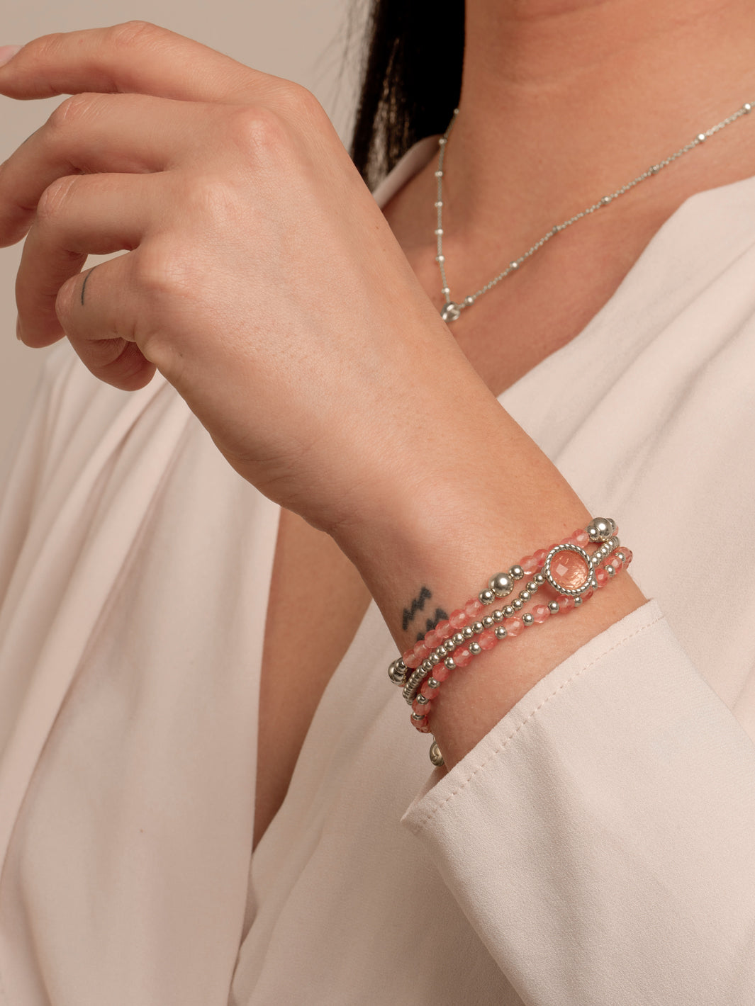 Cherry Quartz Bold Mix Twist Armbanden Stack | Zilver