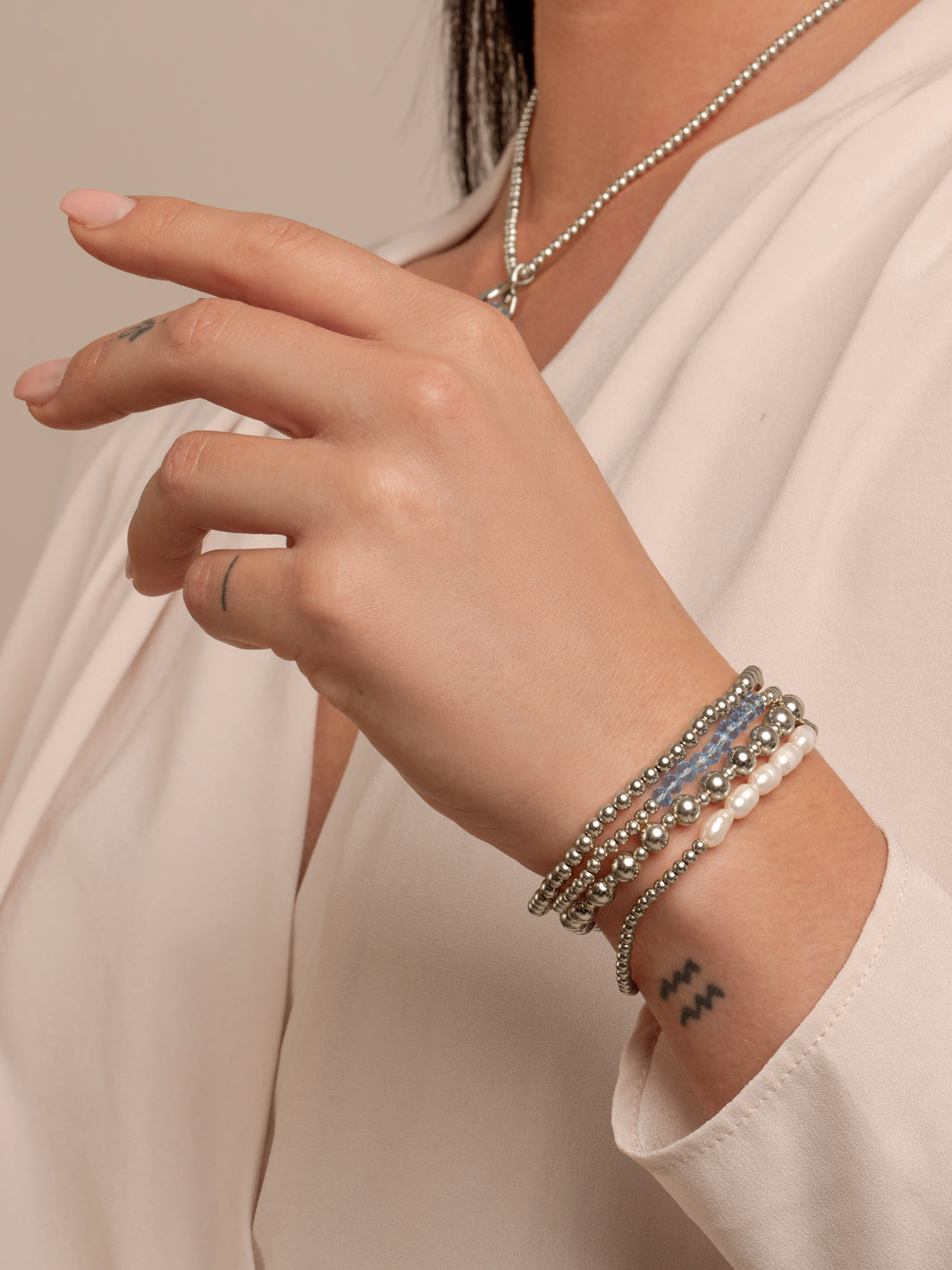 Aquamarine Quartz & Pearl Universe Armbanden Stack | Zilver