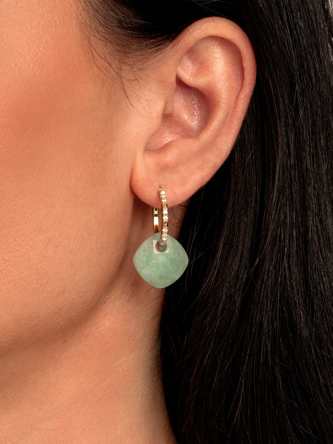 Rich Green Amazonite Cushion Cut Edge CZ Oorbellen Set | Goudkleurig