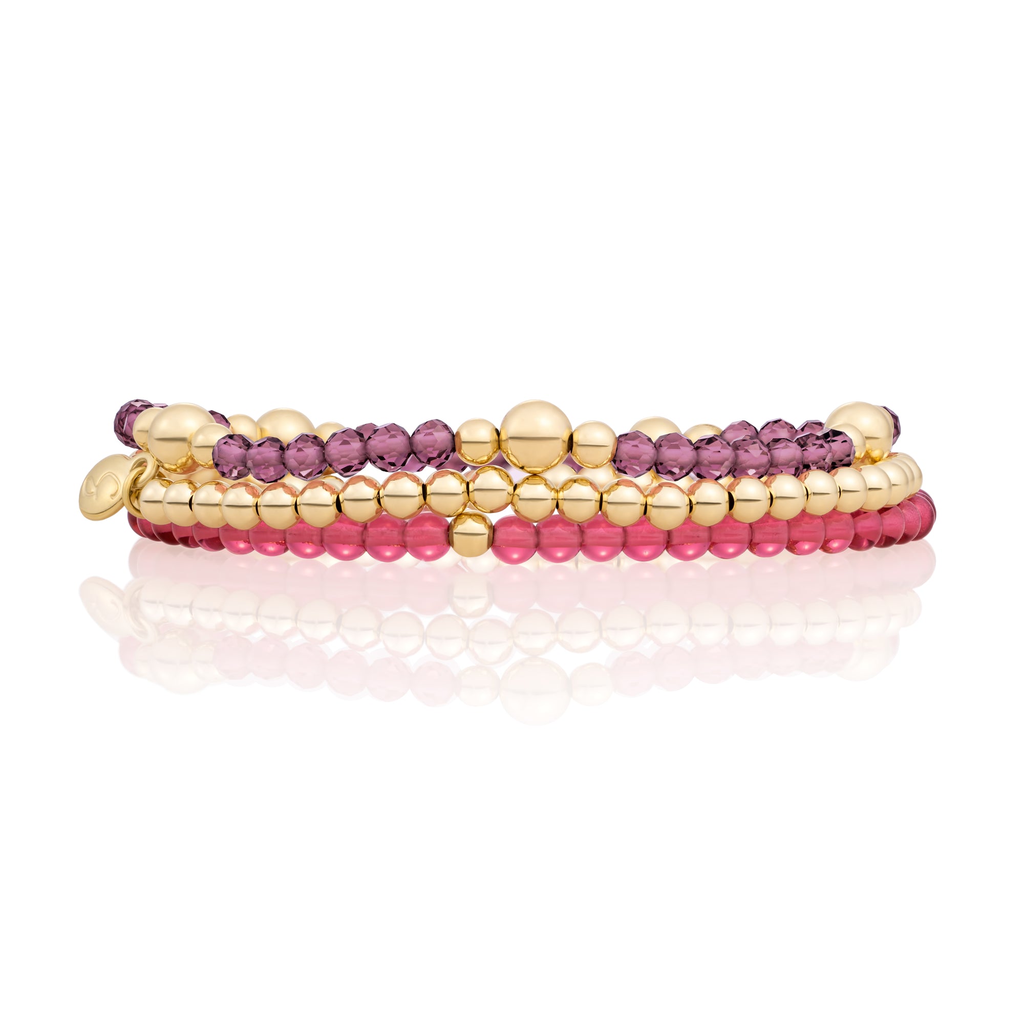 Aubergine & Fuchsia Quartz Bold Mix Saturn Armbanden Stack | Goudkleurig