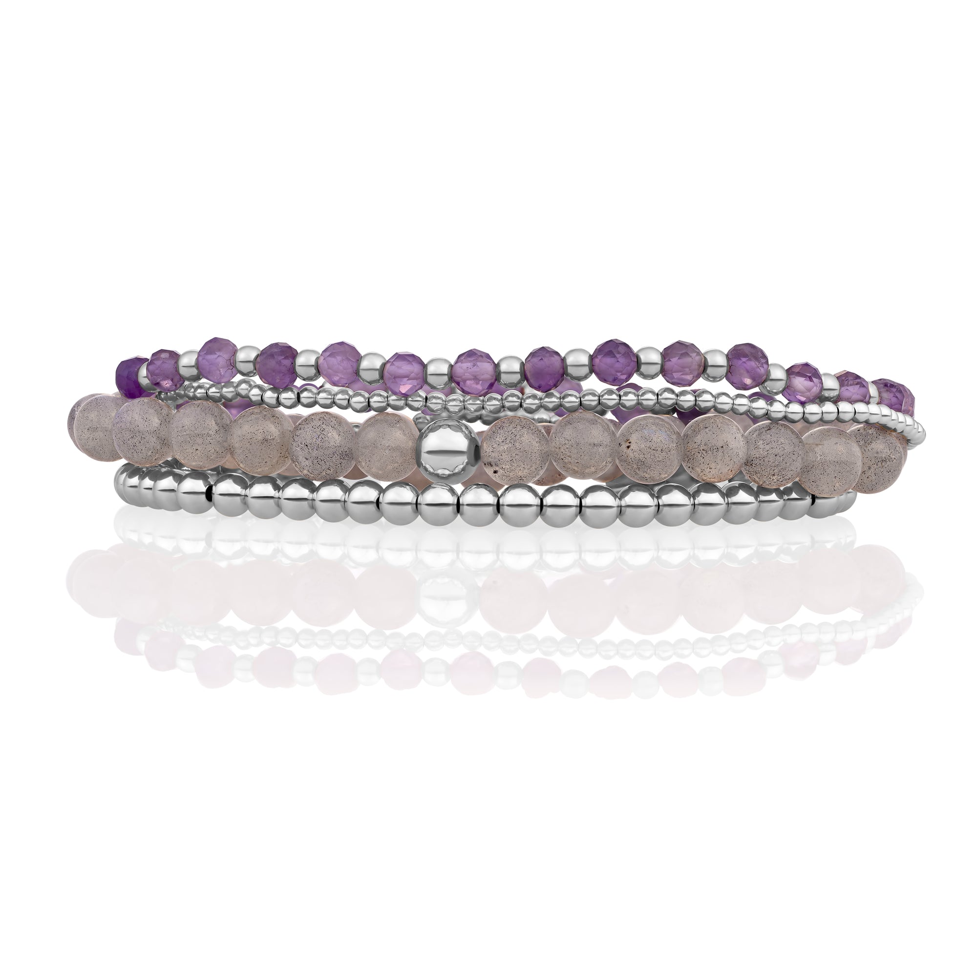 Labradorite & Amethyst Saturn Armbanden Stack | Zilver