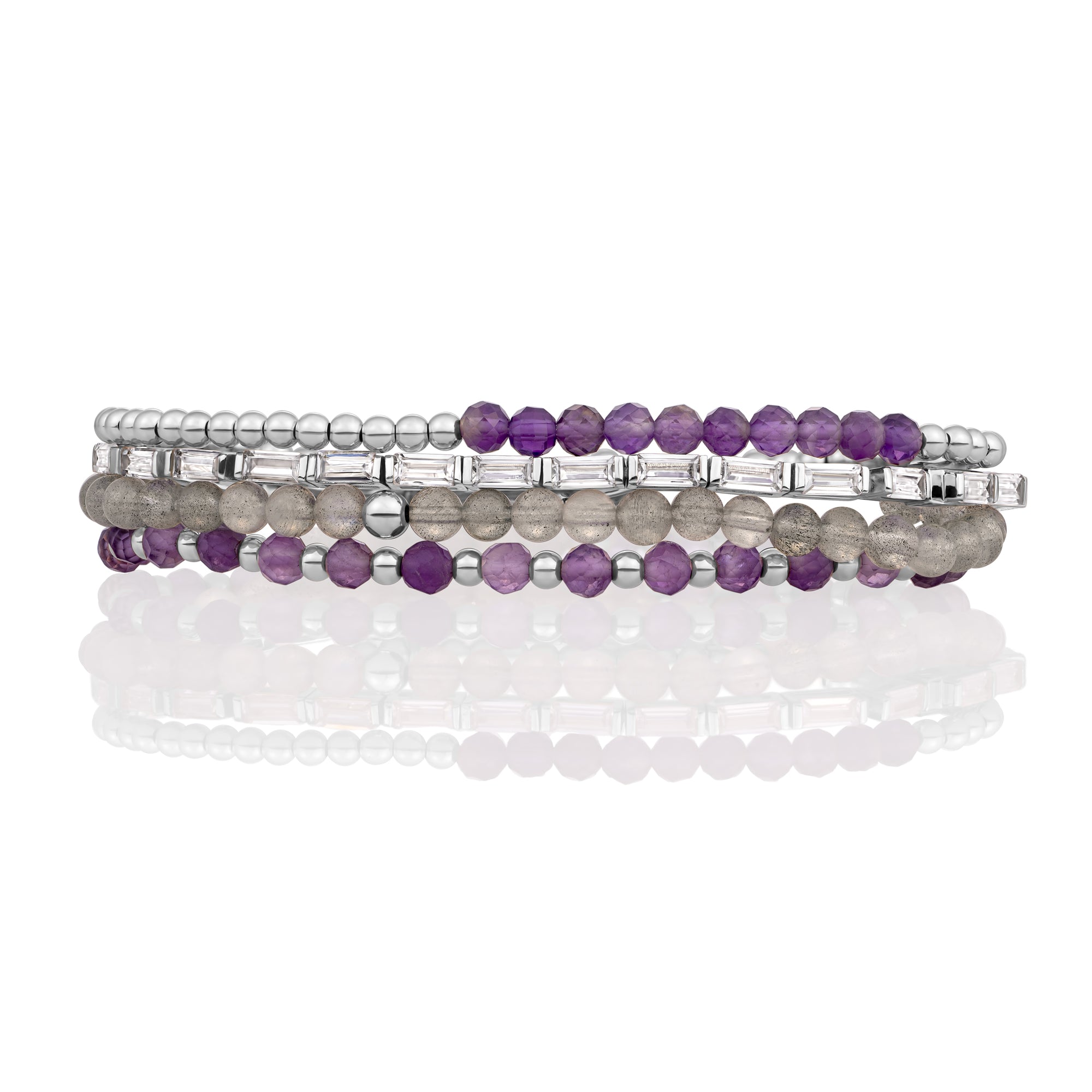 Labradorite & Amethyst Tennis Baguette Armbanden Stack | Zilver