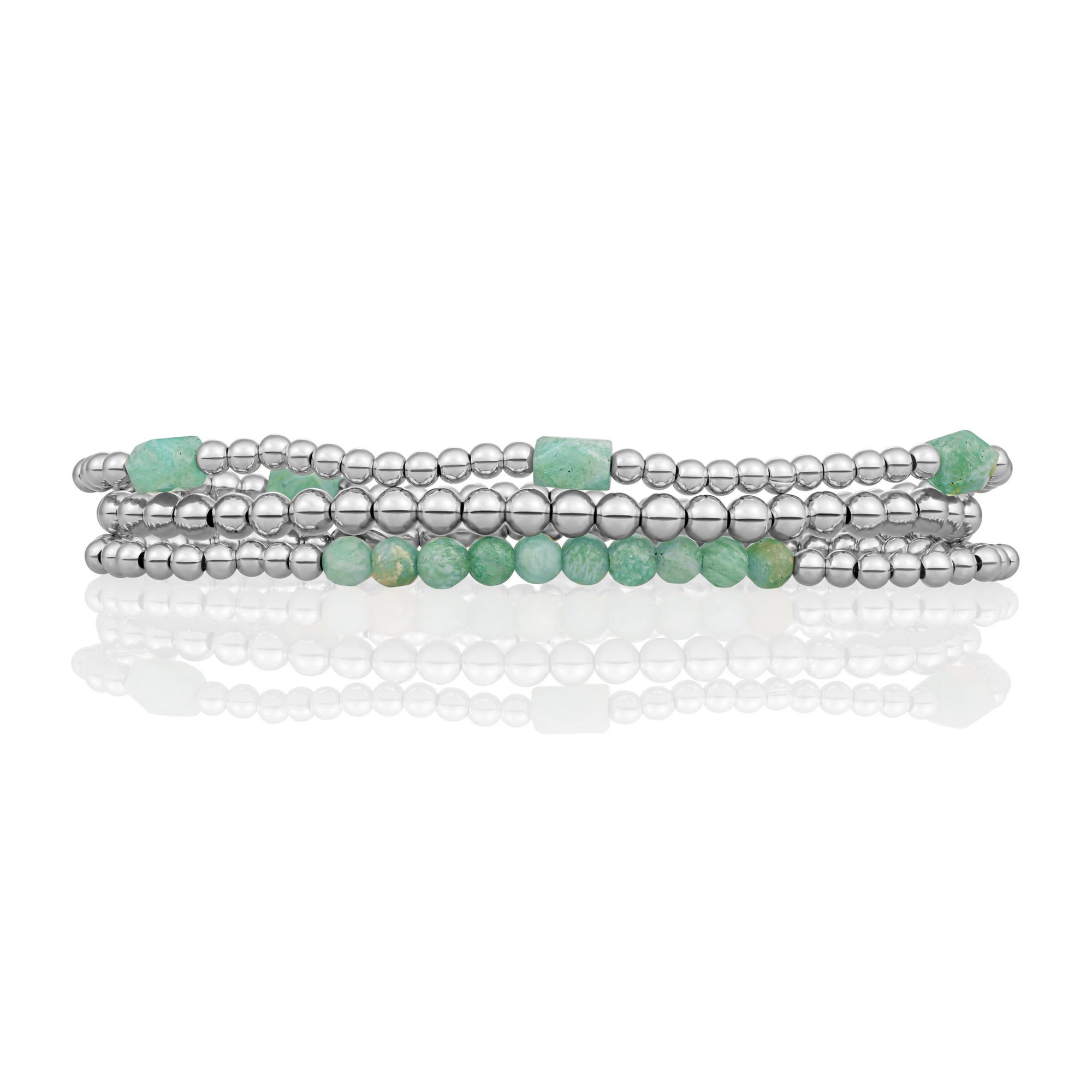 Rich Green Amazonite Reverse Edge Mix Armbanden Stack | Zilver