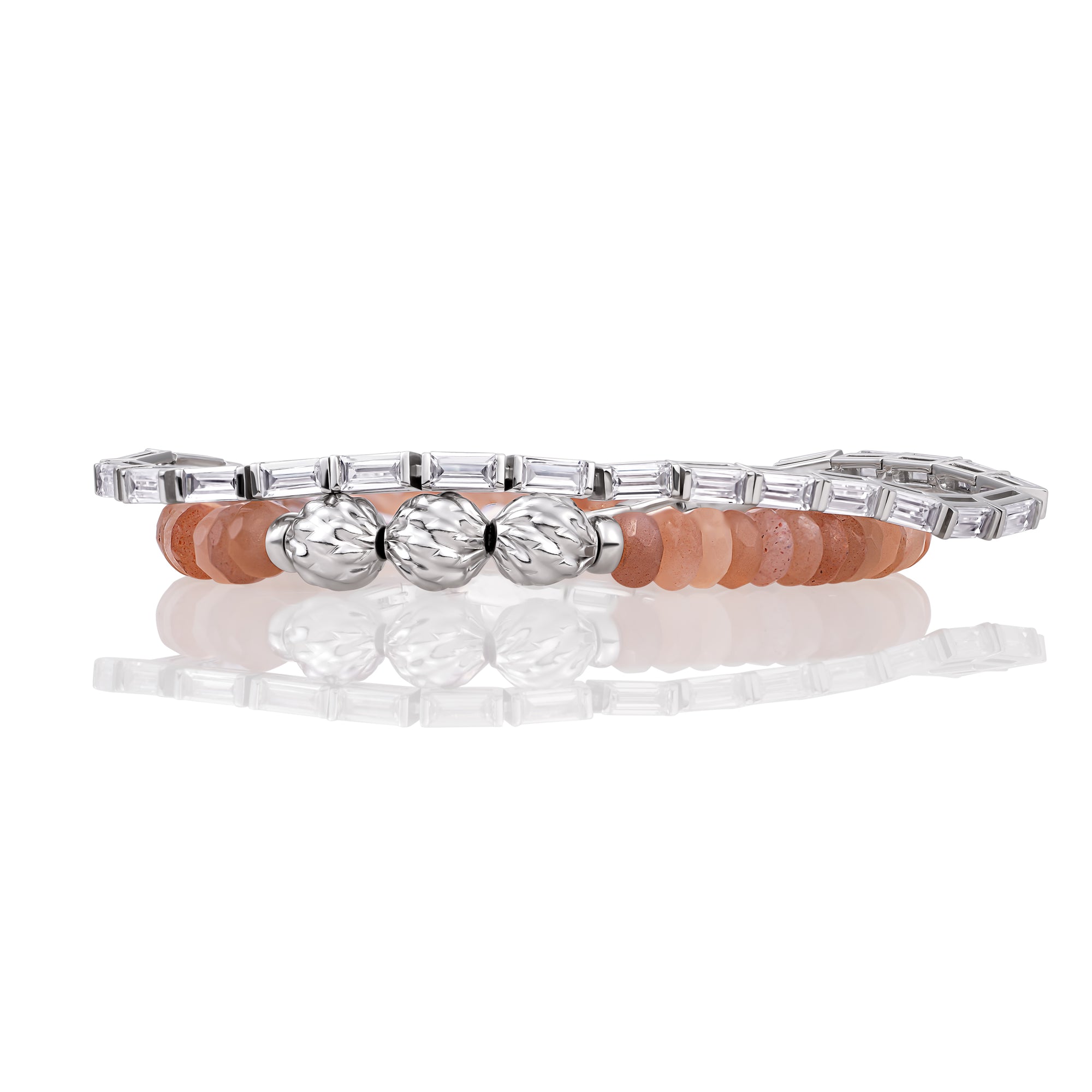 Sunstone Tennis Baguette Armbanden Stack | Zilver
