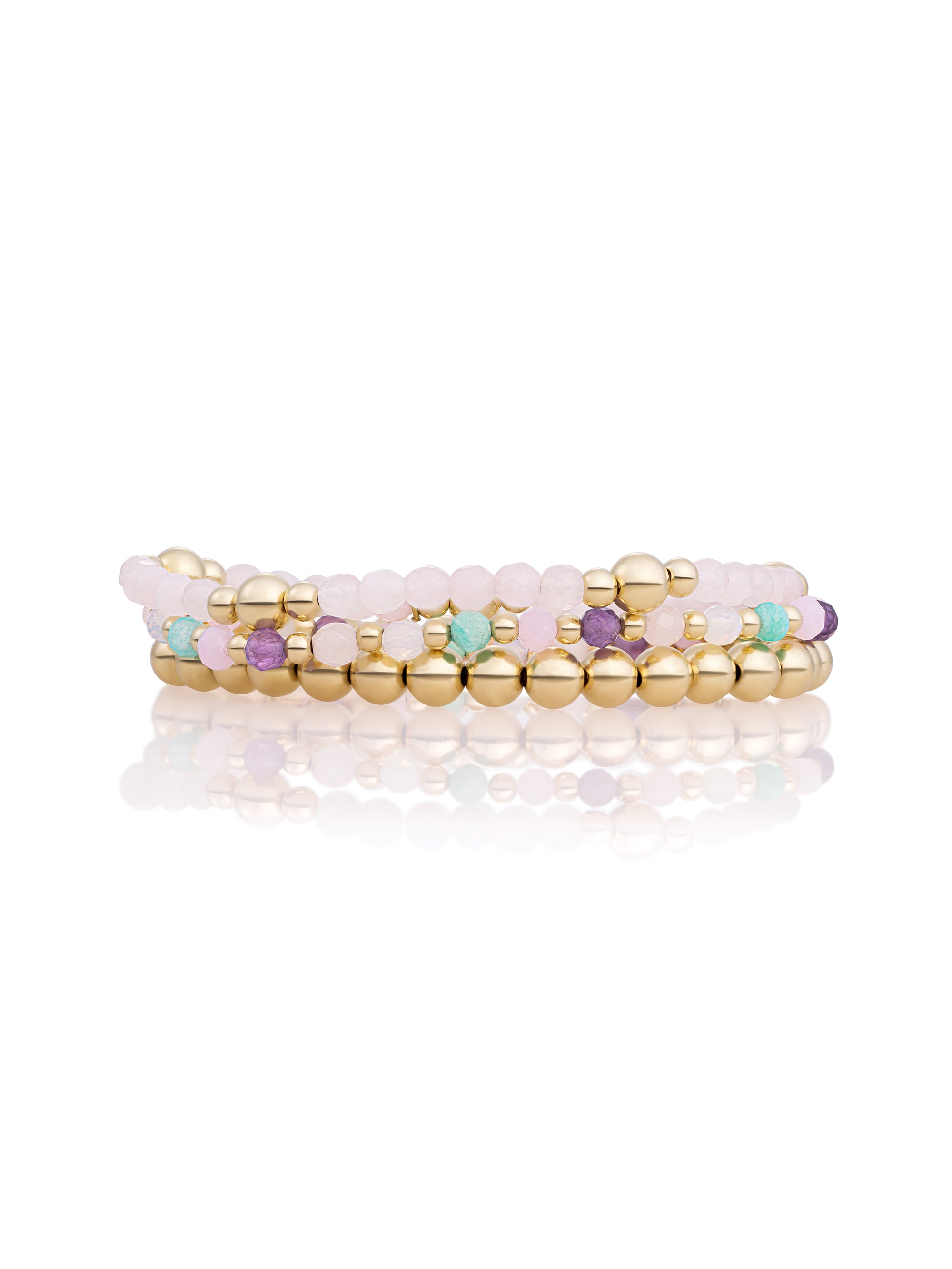 Rose Quartz Saturn Multi Gem Armbanden Stack | Goudkleurig