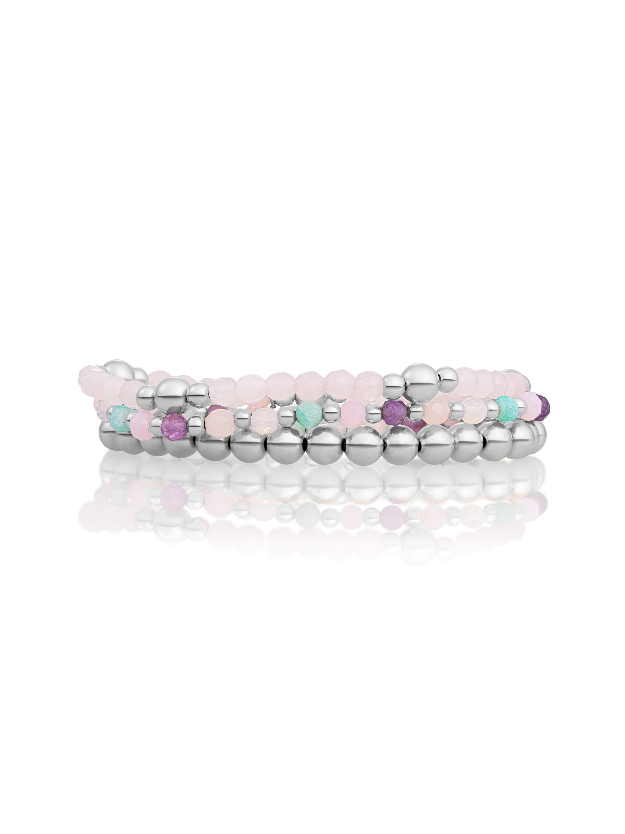 Rose Quartz Saturn Multi Gem Armbanden Stack | Zilver