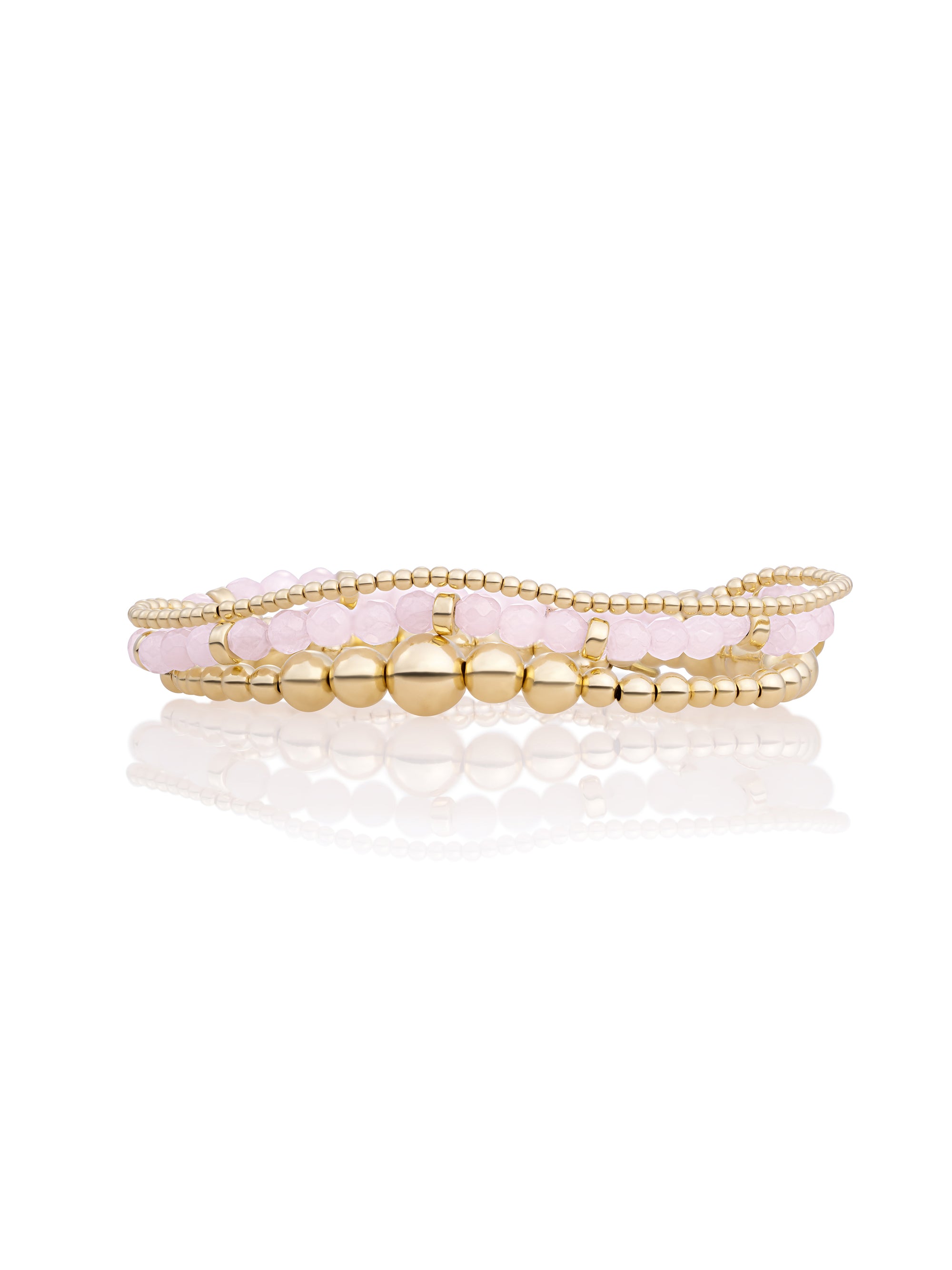 Rose Quartz Wave Mix Roundel Armbanden Stack | Goudkleurig