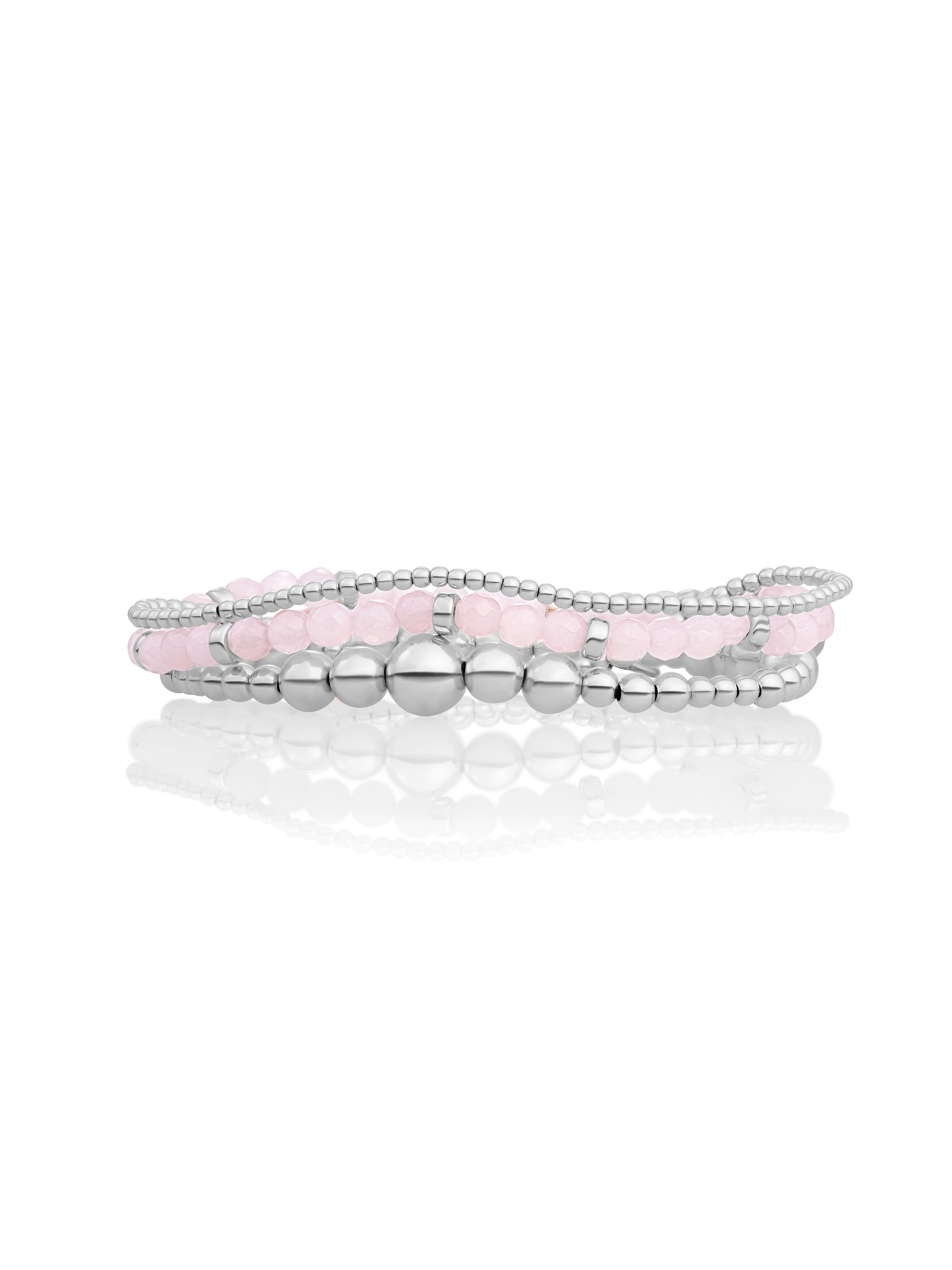 Rose Quartz Wave Mix Roundel Armbanden Stack | Zilver