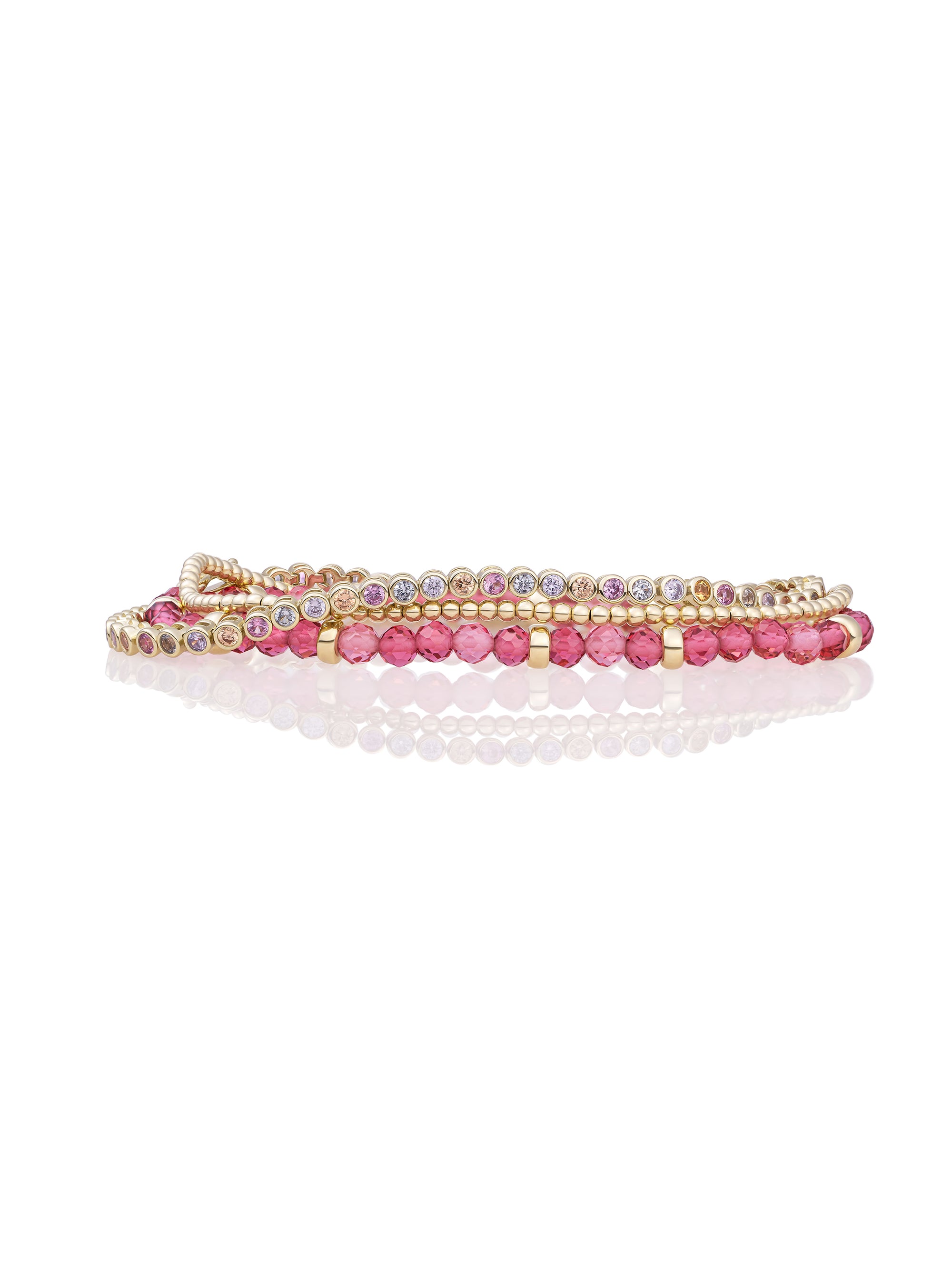 Fuchsia Quartz Roundell Tennis Round Multi CZ Armbanden Stack | Goudkleurig