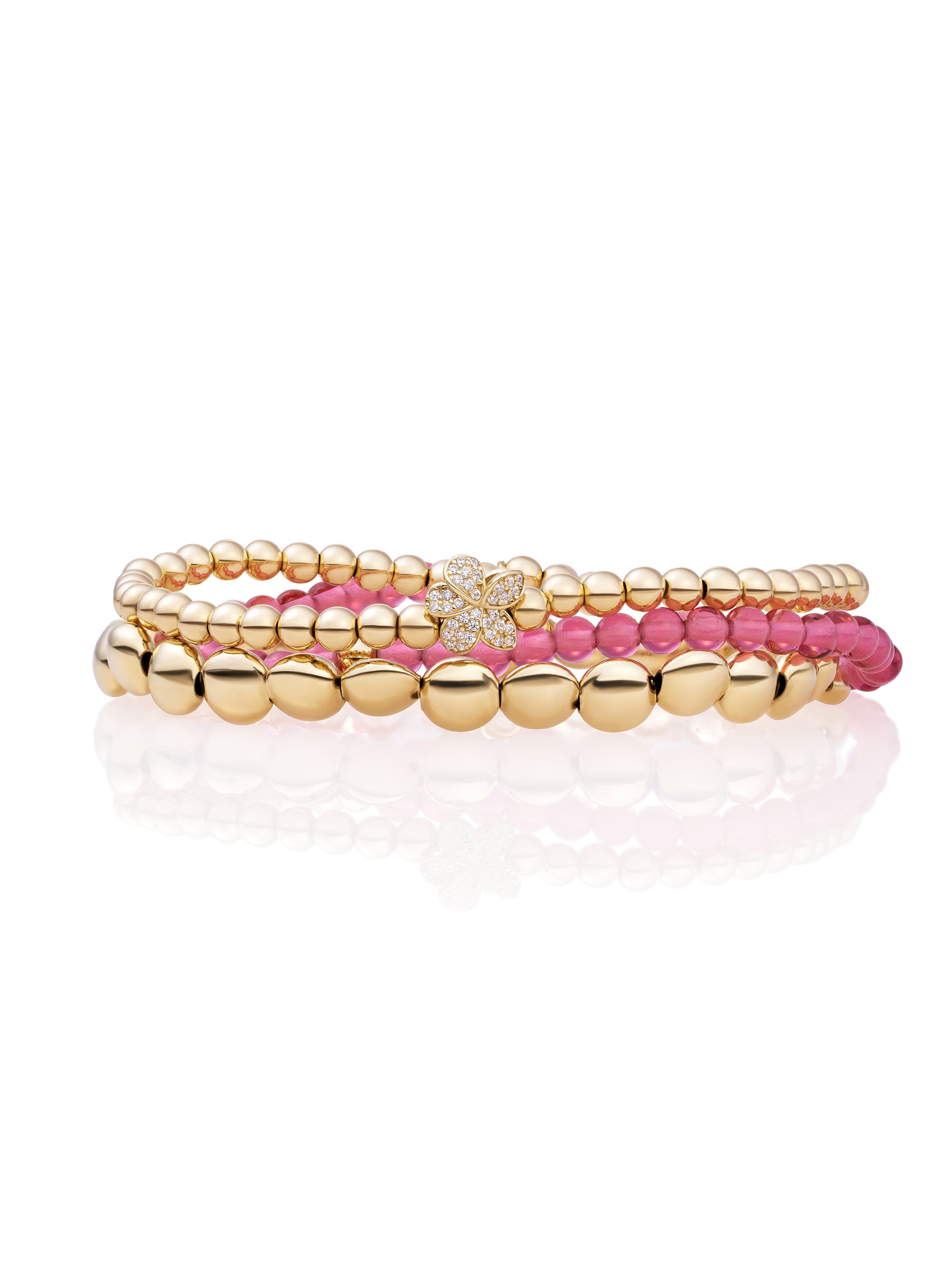 Fuchsia Quartz Flora Disc Bubble Beads Flat Armbanden Stack | Goudkleurig