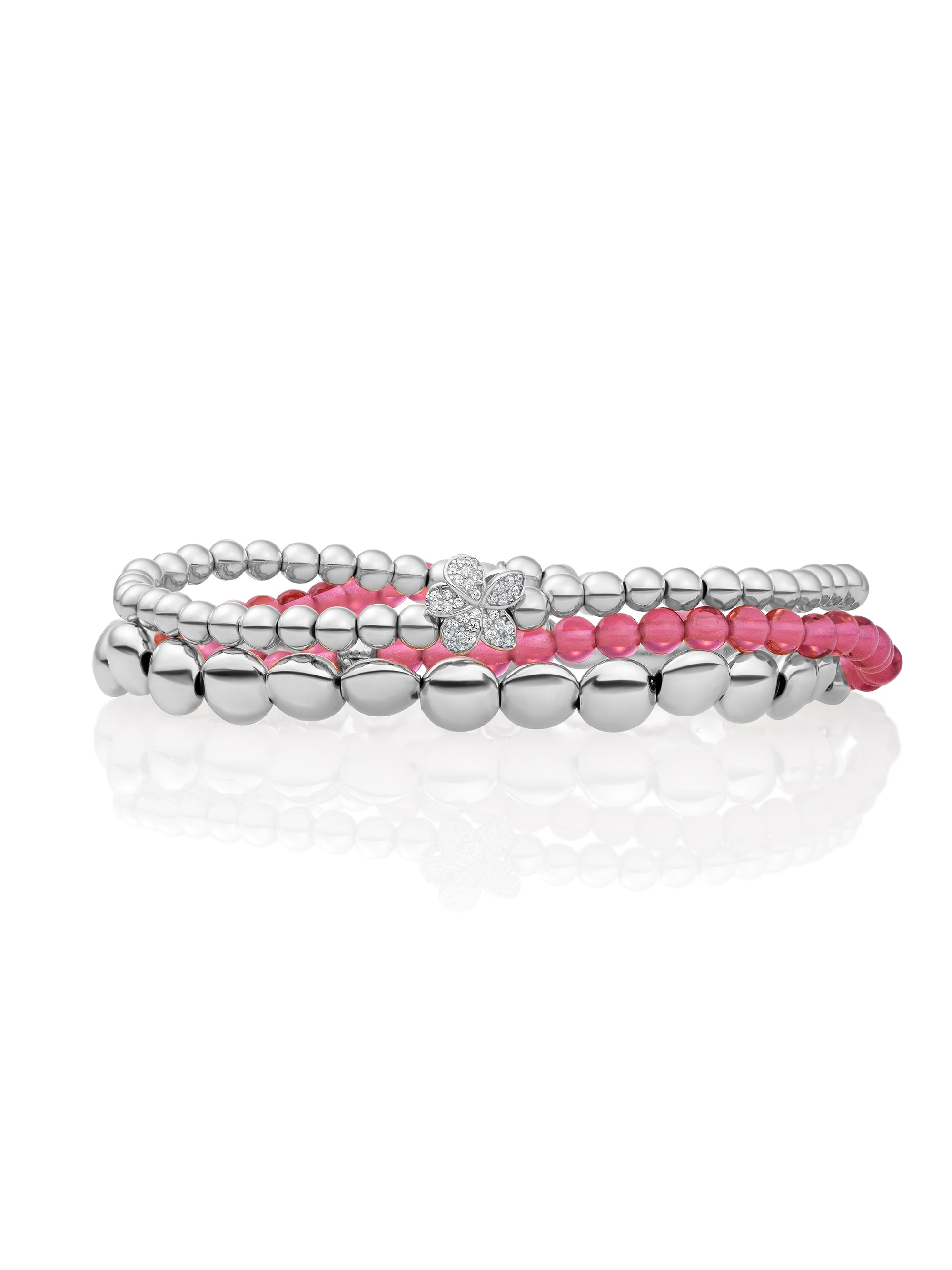 Fuchsia Quartz Flora Disc Bubble Beads Flat Armbanden Stack | Zilver