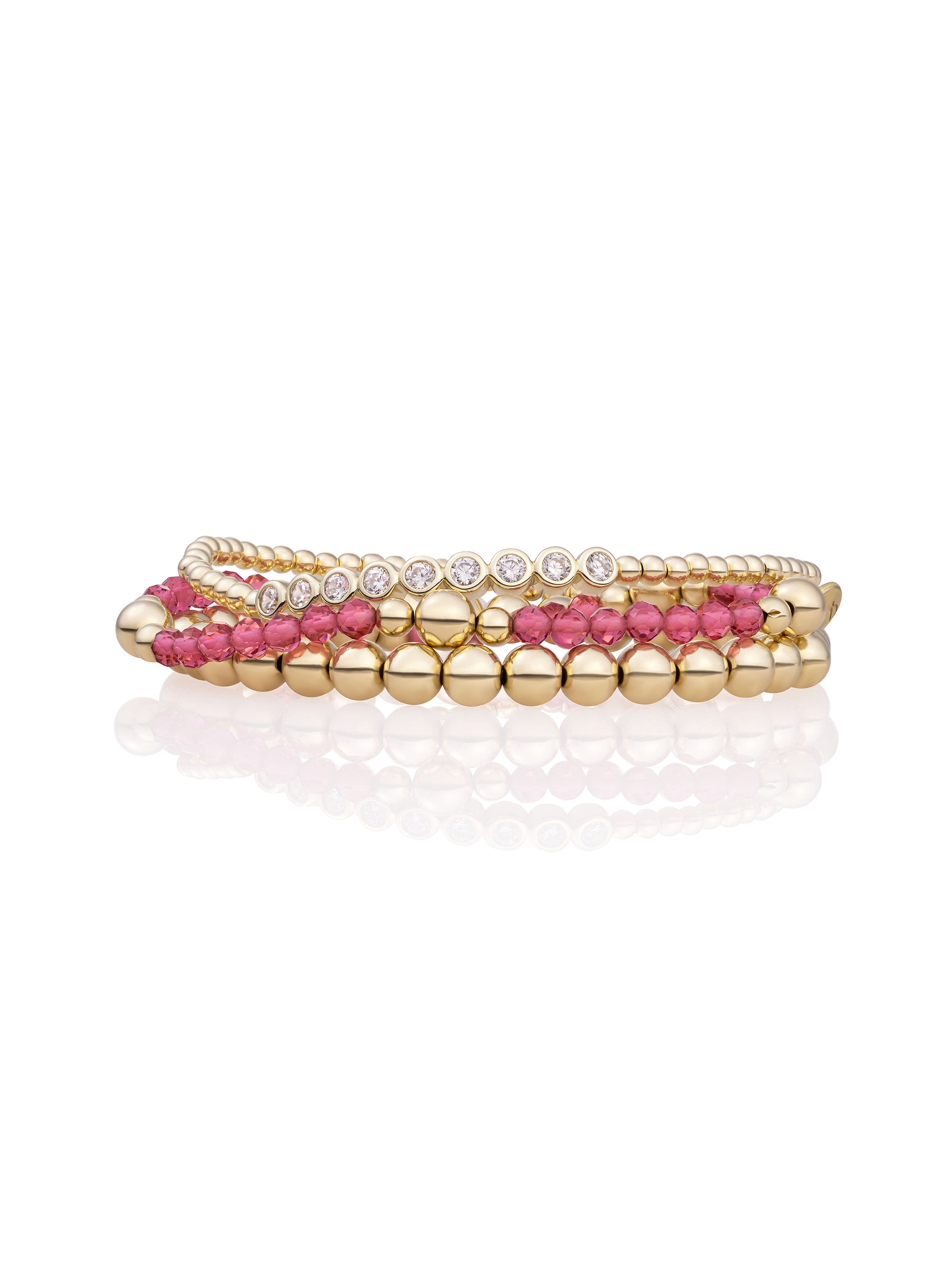 Fuchsia Quartz Bold Mix Crystal Tube Saturn Large Armbanden Stack | Goudkleurig