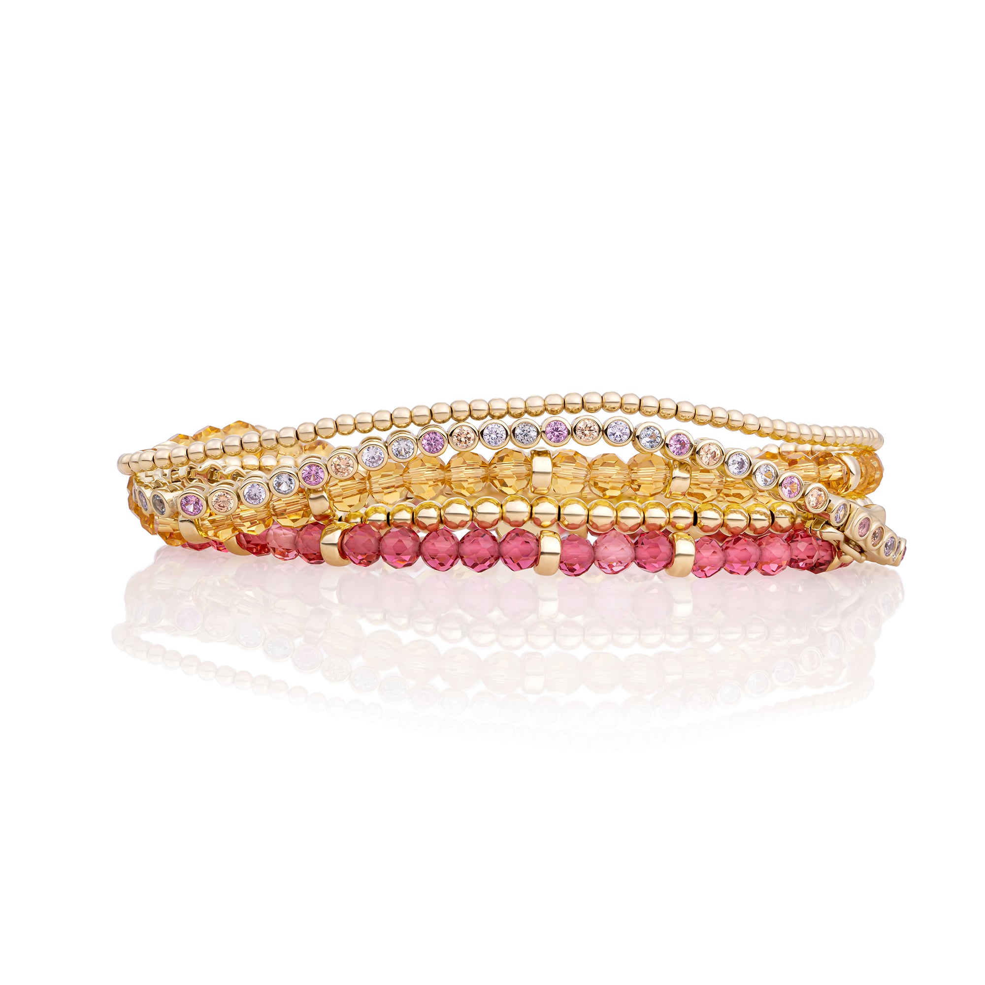 Light Citrine Fuchsia Tennis Round Multi CZ Armbanden Stack | Goudkleurig