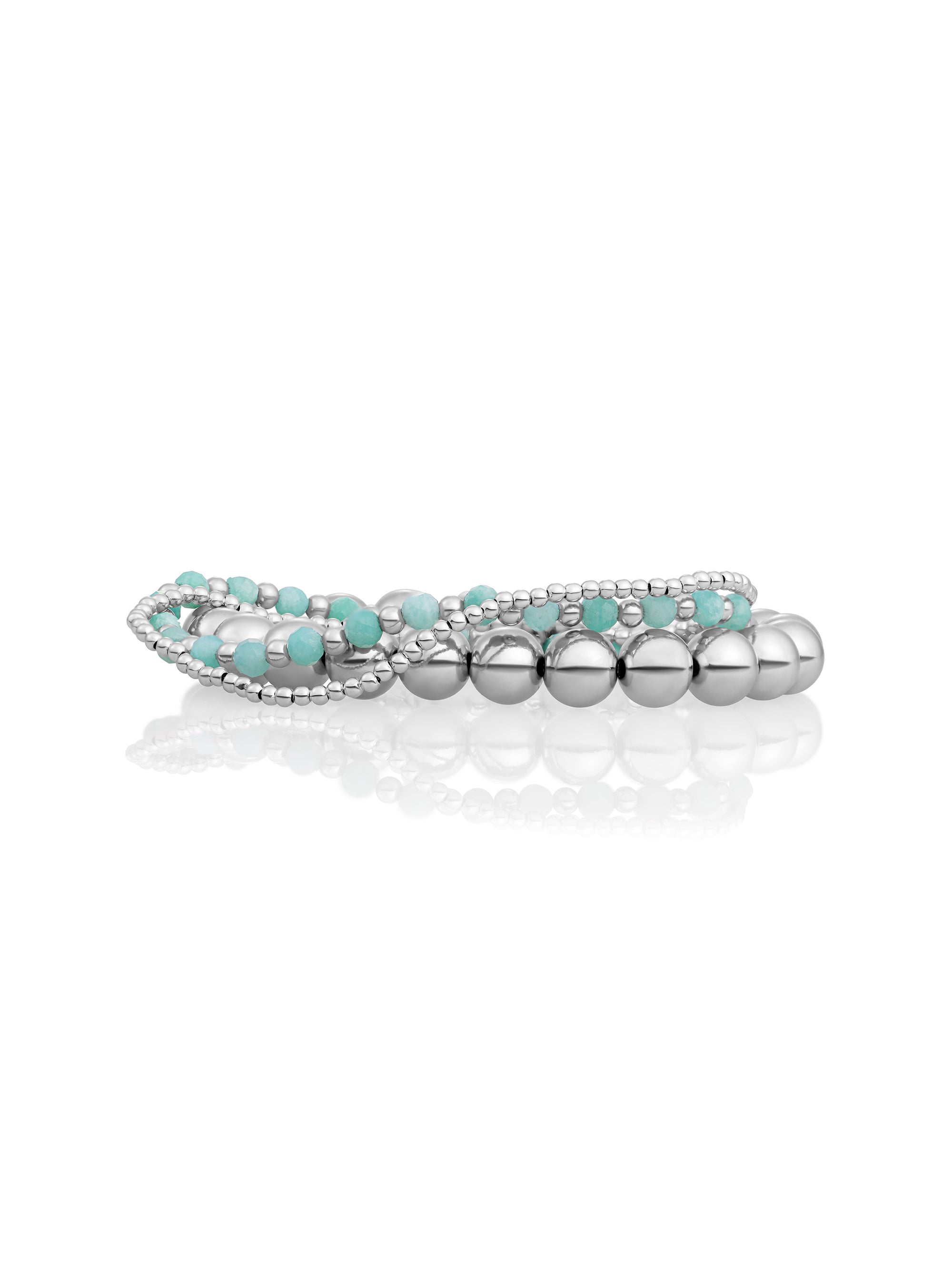 Rich Green Amazonite Interstellar Saturn Small and Extra Large Armbanden Stack | Zilver