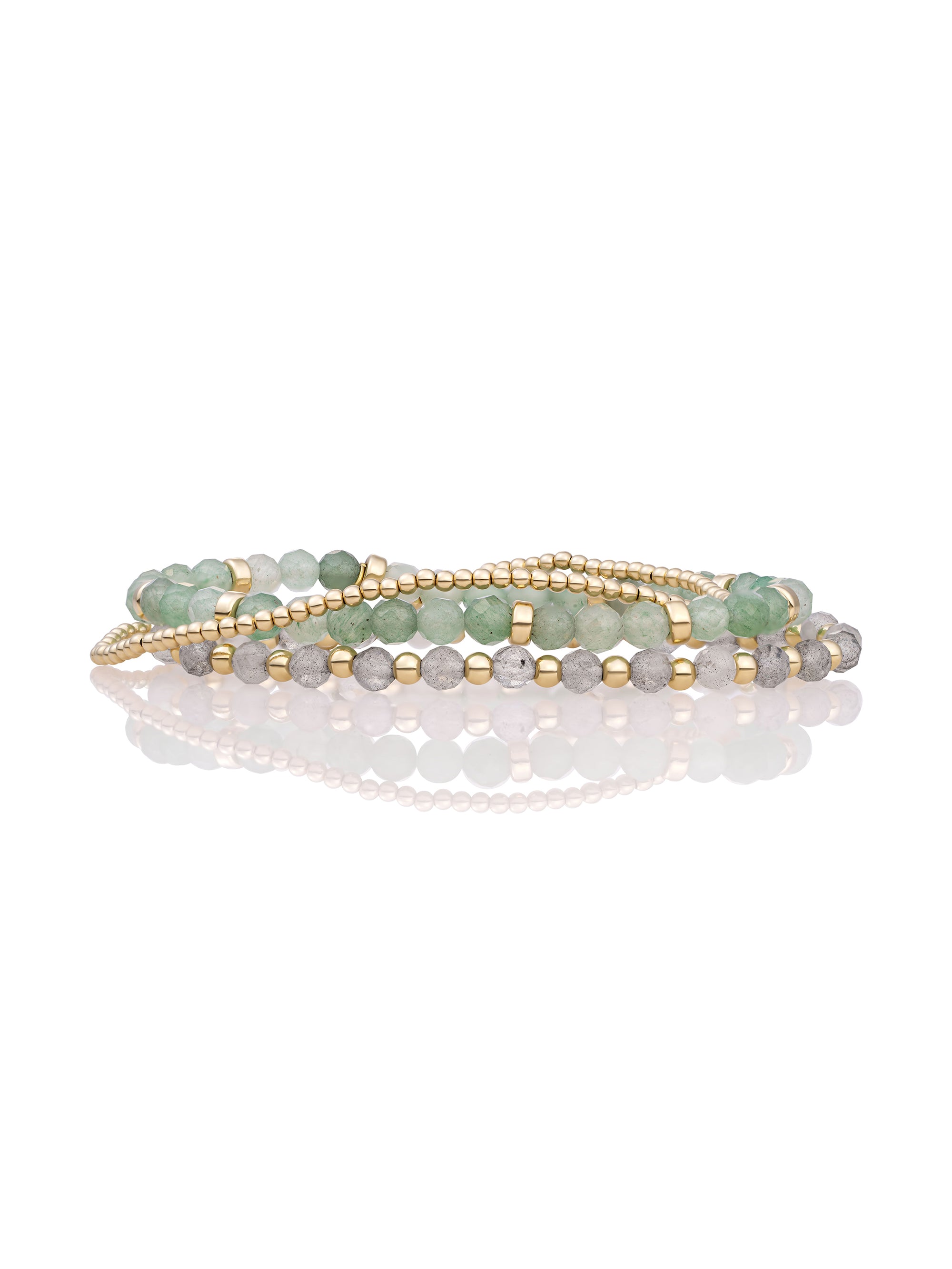 Lime Jade Roundel Labradorite Interstellar Saturn small Armbanden Stack | Goudkleurig