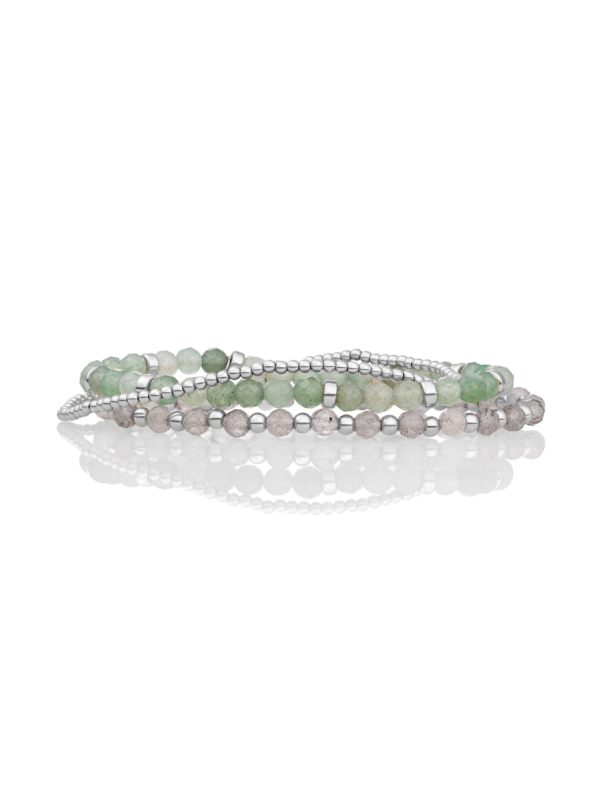 Lime Jade Roundel Labradorite Interstellar Saturn small Armbanden Stack | Zilver