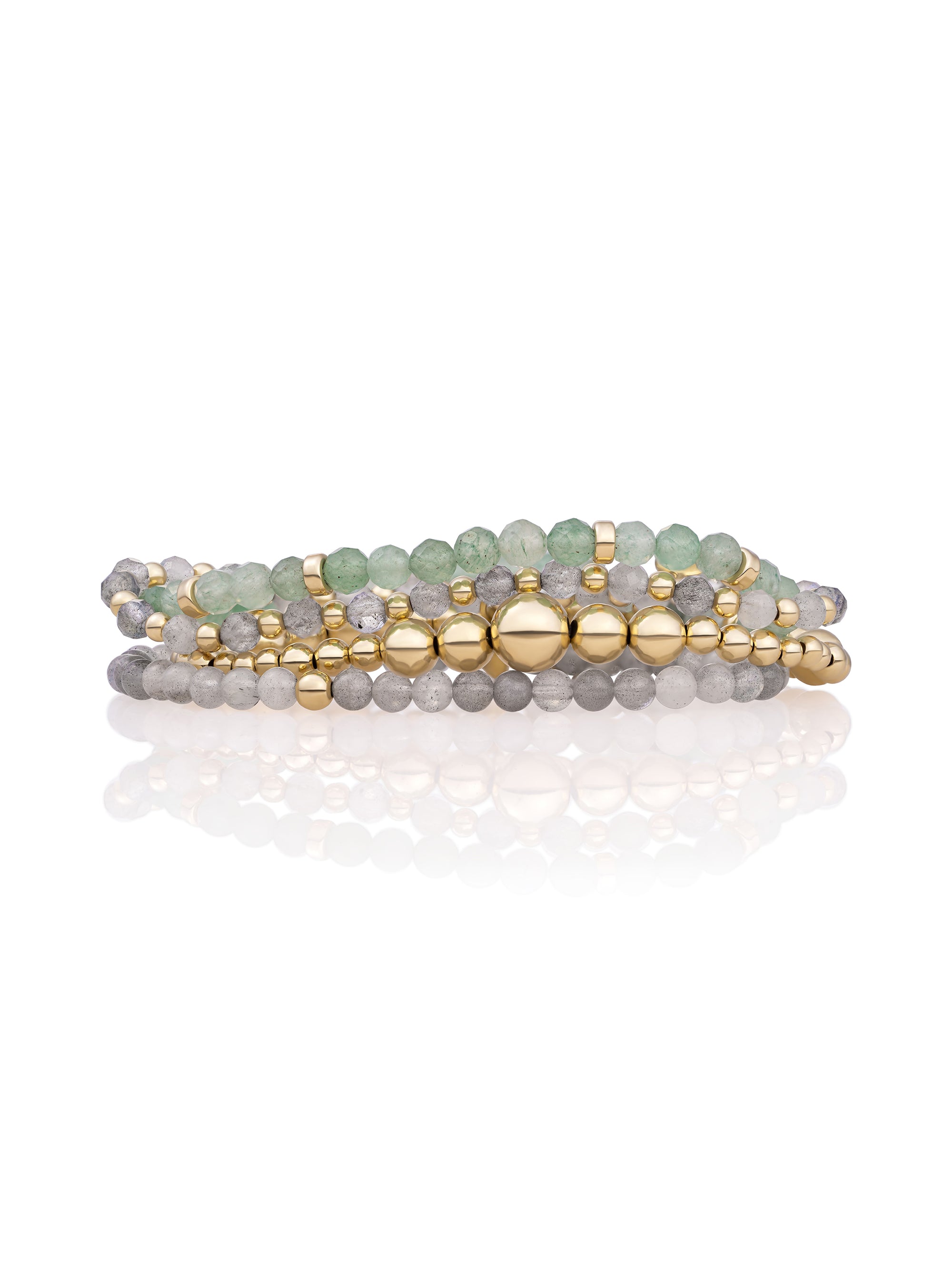 Lime Jade Roundel Labradorite Interstellar Saturn Wave Armbanden Stack | Goudkleurig