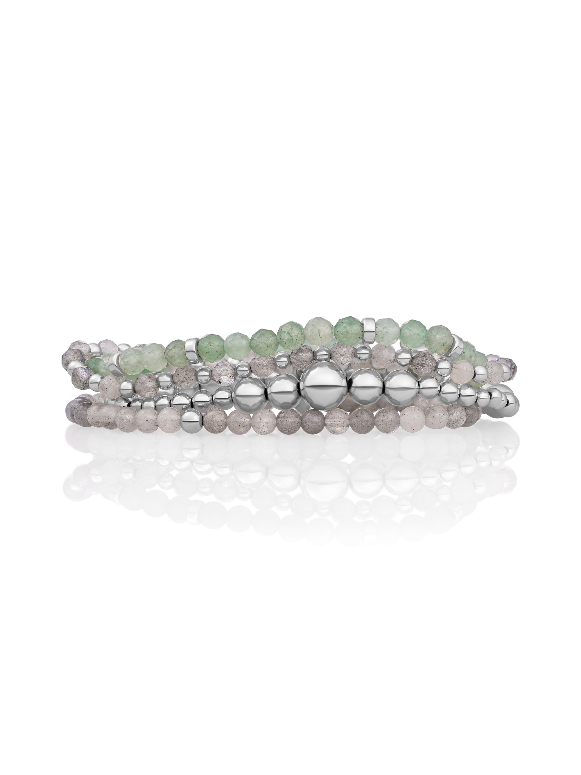 Lime Jade Roundel Labradorite Interstellar Saturn Wave Armbanden Stack | Zilver