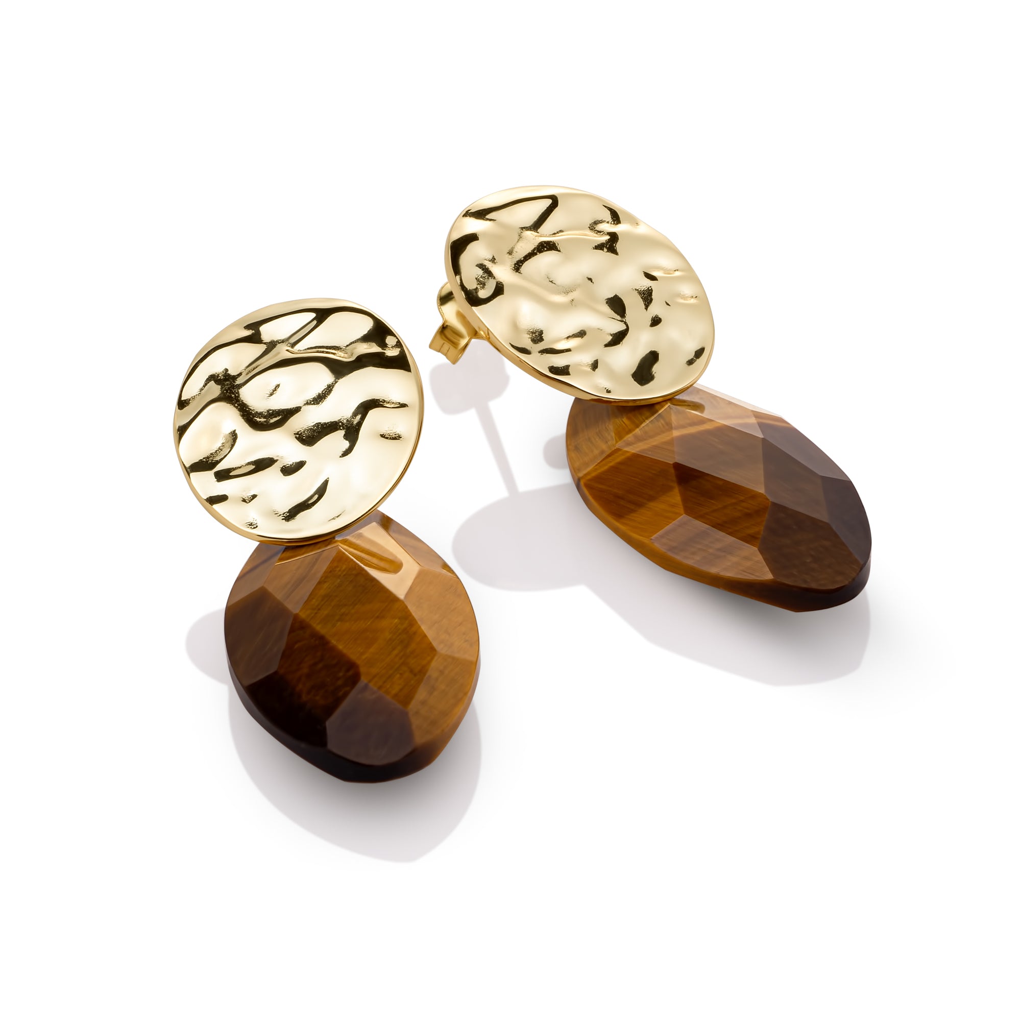 Tiger Eye Leaf Round Clip Oorbellen Set | Goudkleurig
