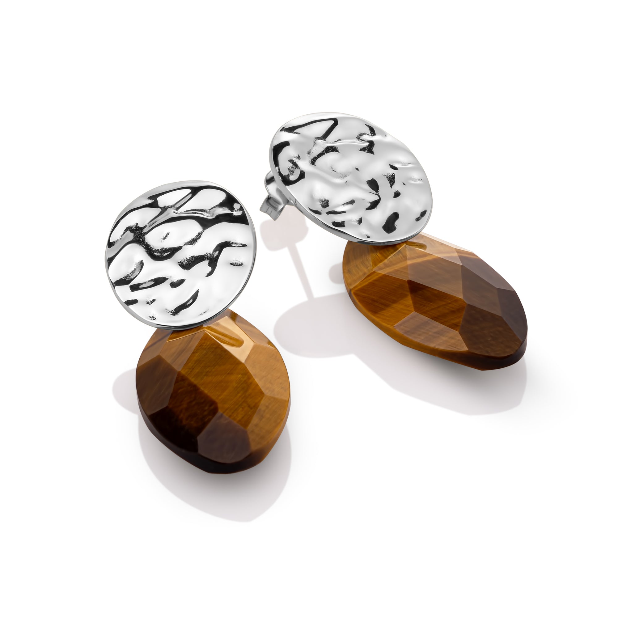 Tiger Eye Leaf Round Clip Oorbellen Set | Zilver