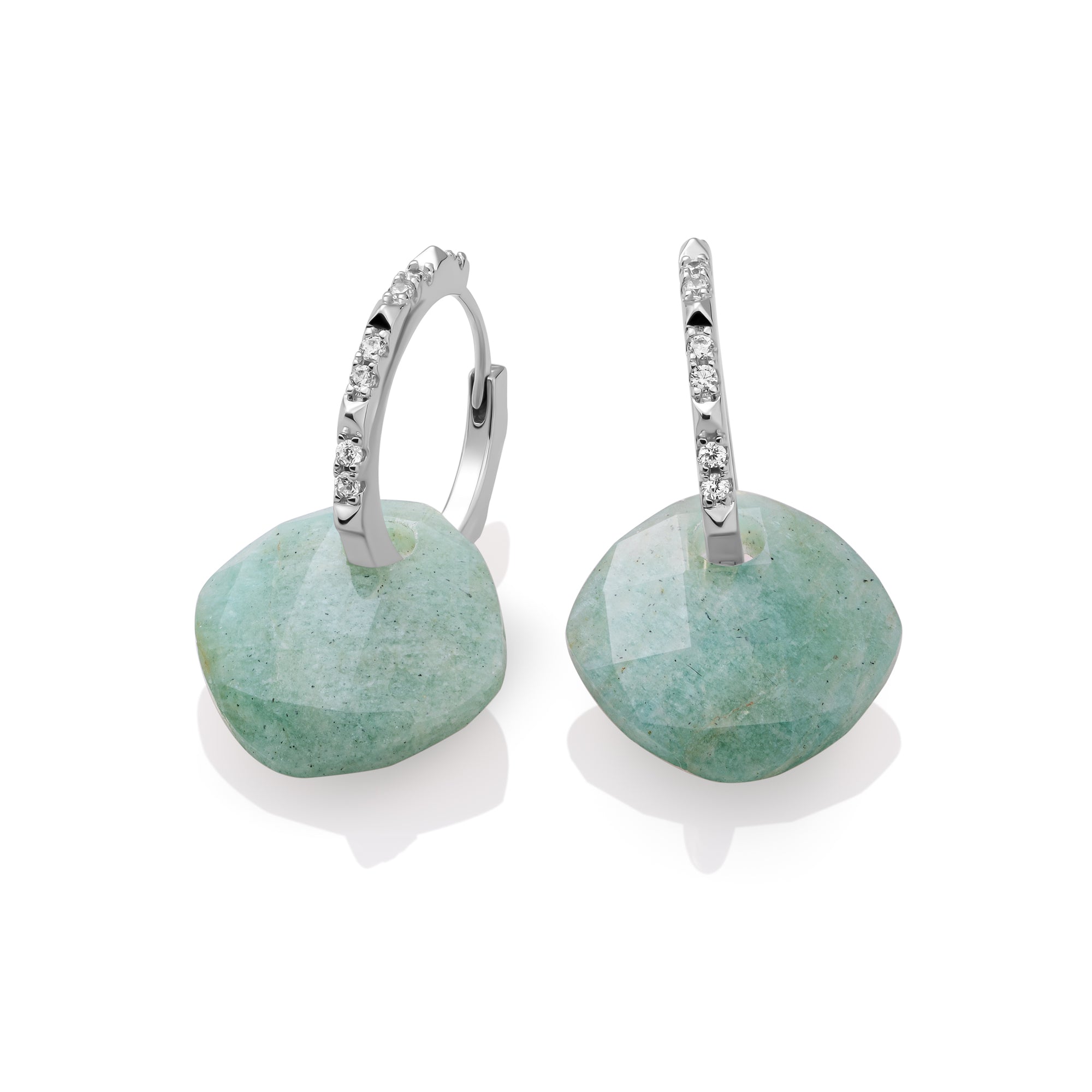 Rich Green Amazonite Cushion Cut Edge CZ Oorbellen Set | Zilver