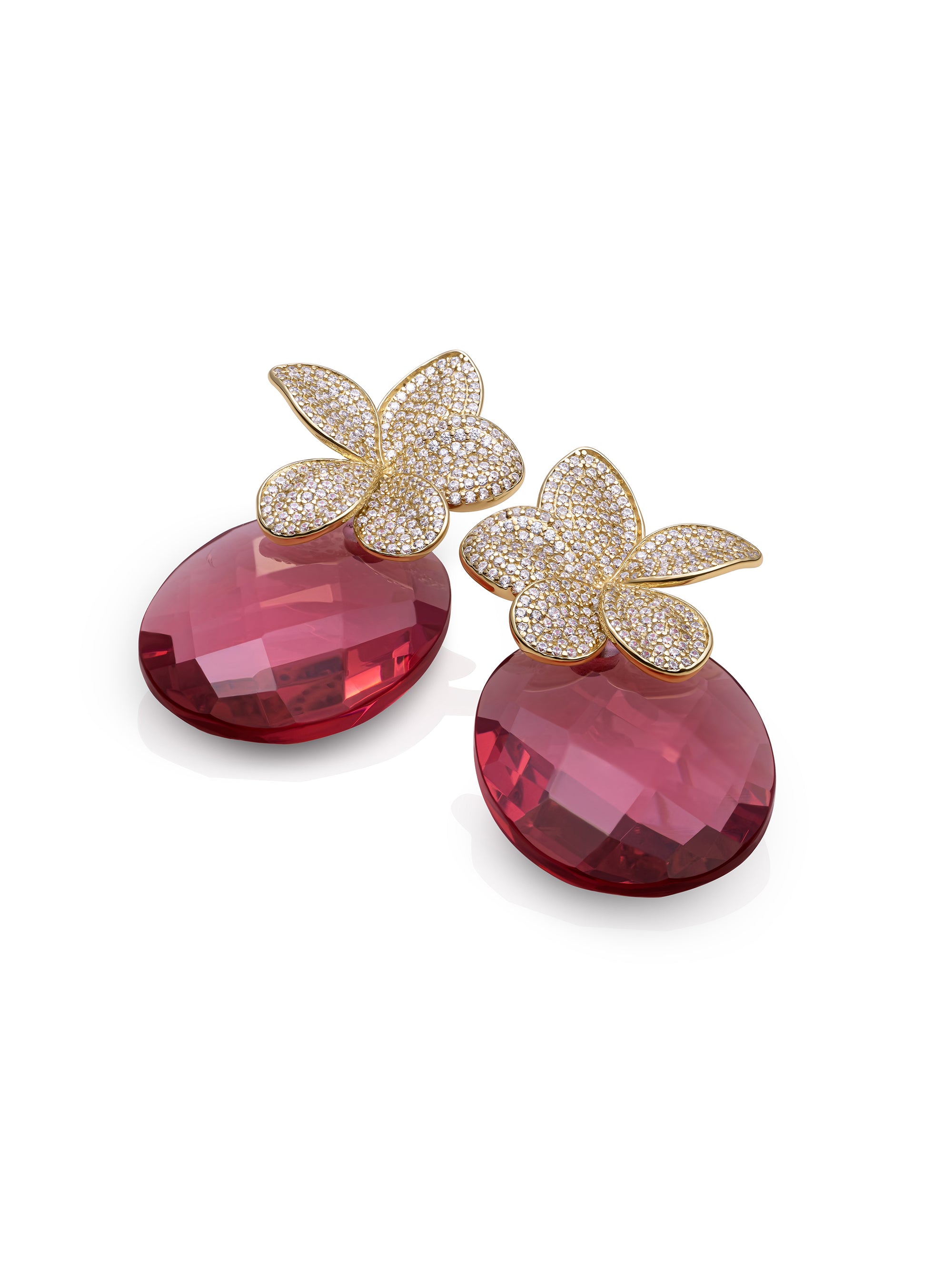 Fuchsia Quartz Large oval Flora Push Back CZ Oorbellen set | Goudkleurig