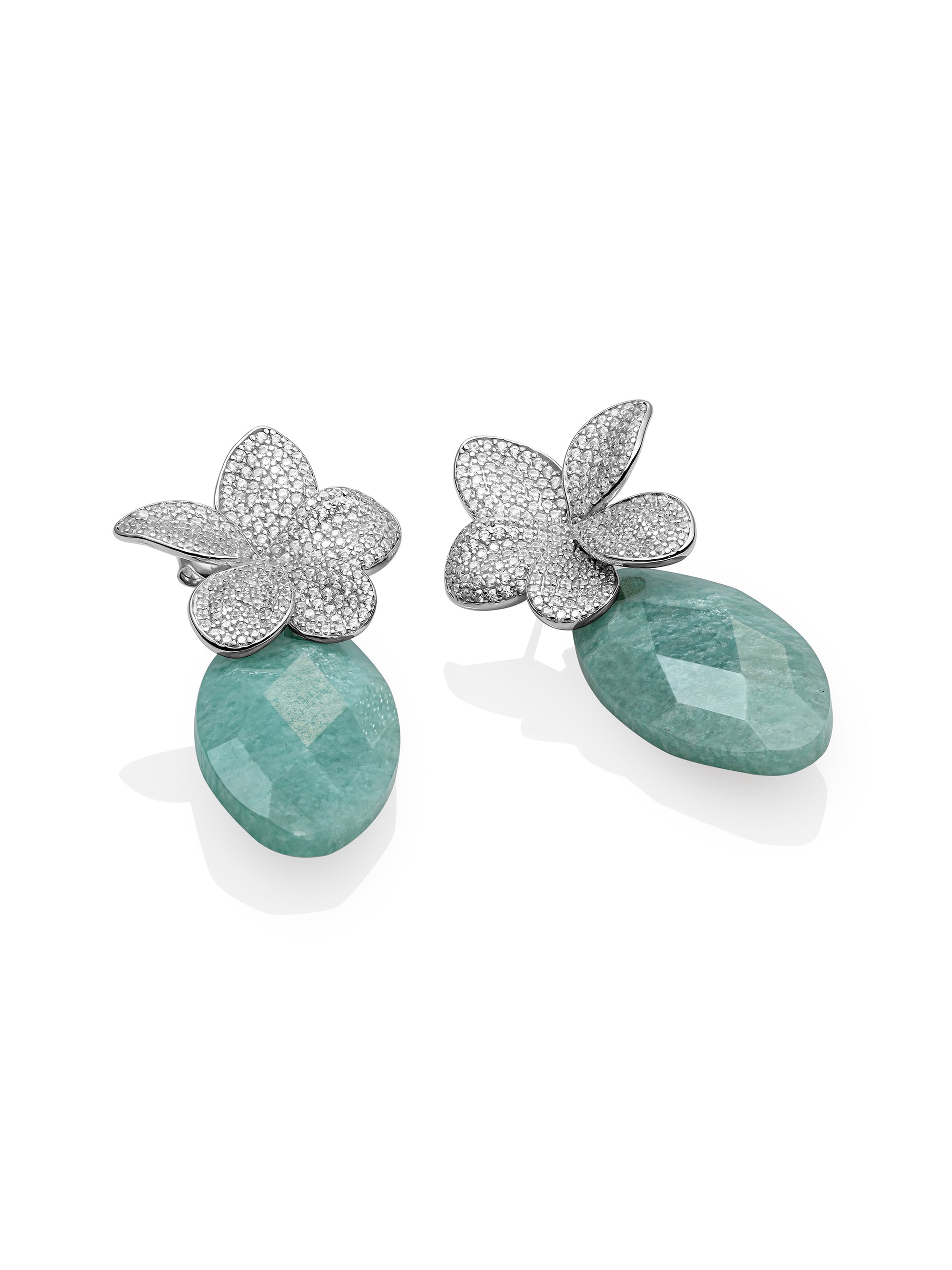 Rich Green Amazonite Leaf Flora Push Back CZ Oorbellen set | Zilver