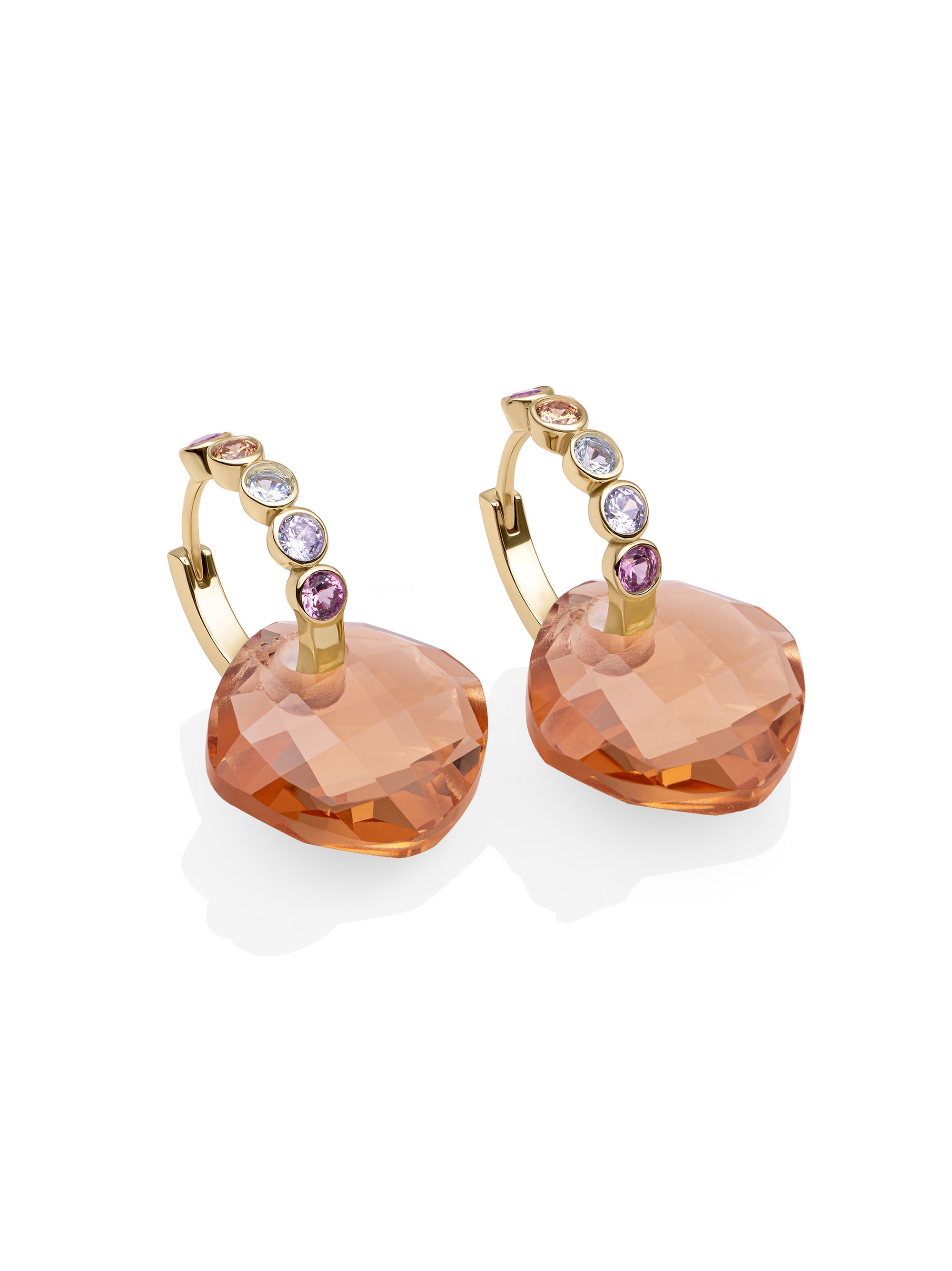 Light Citrine Cushion Cut Tube Huggies Multi CZ Oorbellen set | Goudkleurig