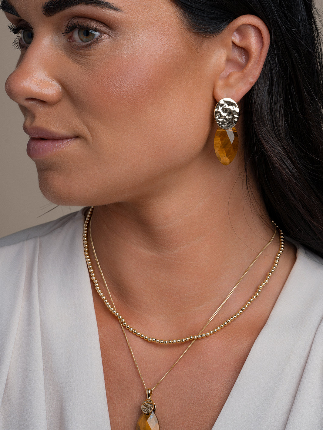 Tiger Eye Leaf Round Clip Oorbellen Set | Goudkleurig
