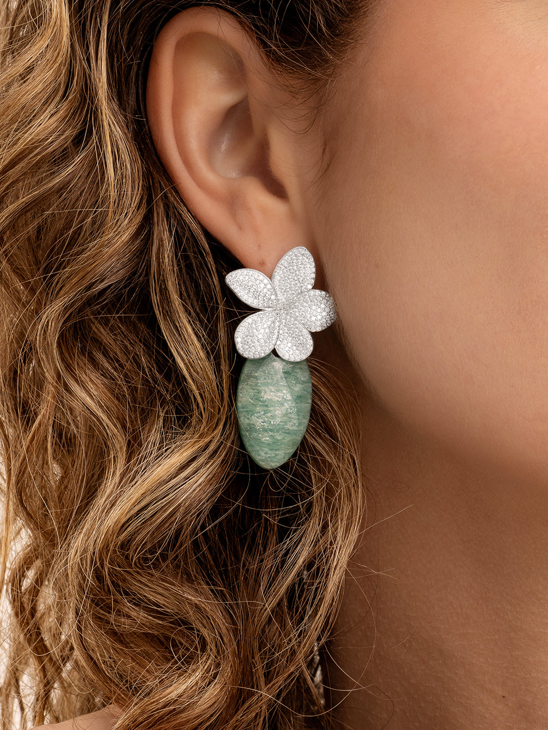 Rich Green Amazonite Leaf Flora Push Back CZ Oorbellen set | Zilver