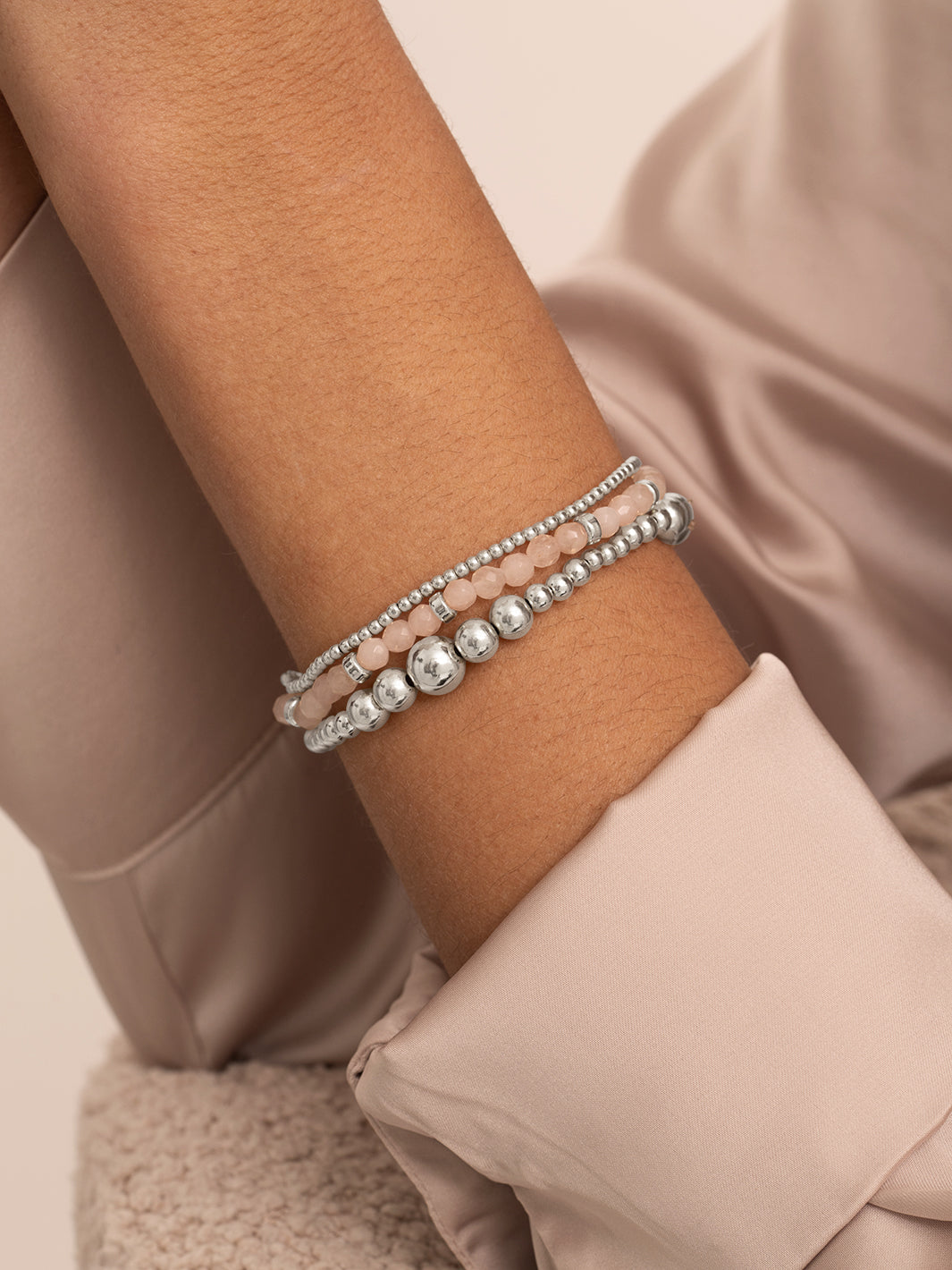 Rose Quartz Wave Mix Roundel Armbanden Stack | Zilver