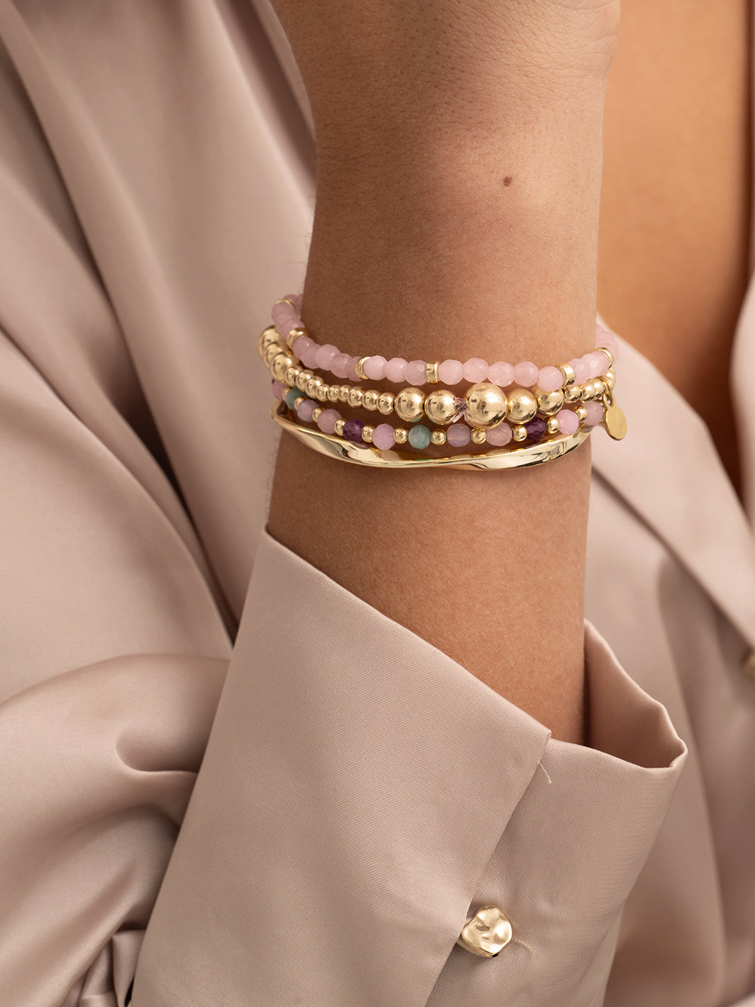 Rose Quartz Fuse Bangle Armbanden Stack | Goudkleurig