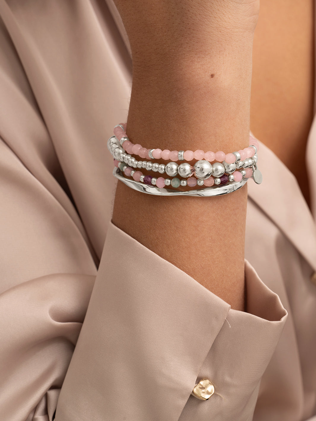 Rose Quartz Fuse Bangle Armbanden Stack | Zilver