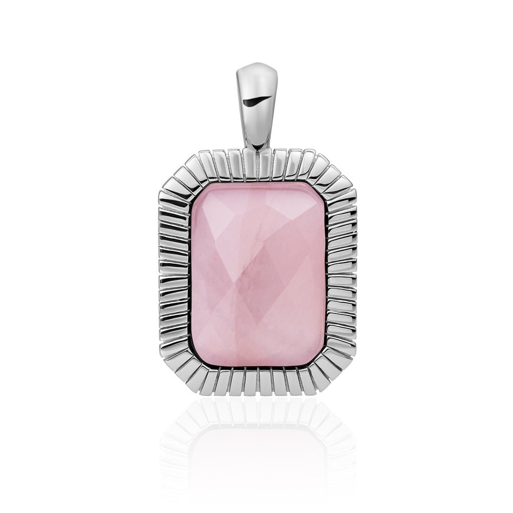 Roze Rose Quartz edelsteen in een zilveren baguette pendant hanger voor aan ketting Sparkling Jewels