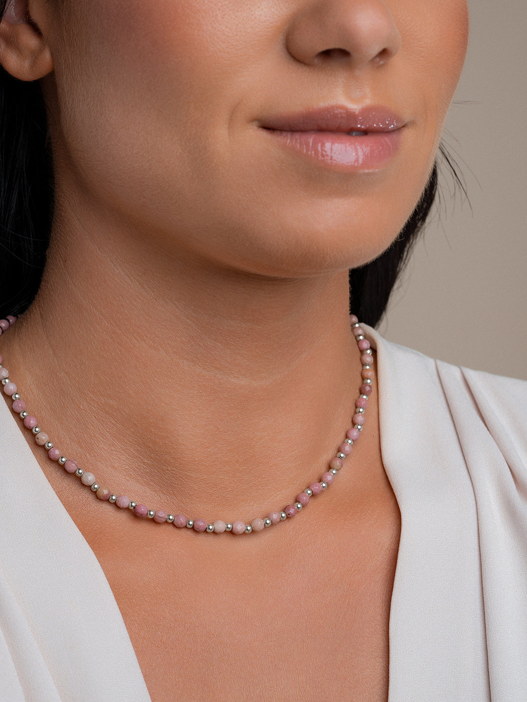 Sparkling Long Link Mix Ketting Pink Rhodonite Edelsteen 