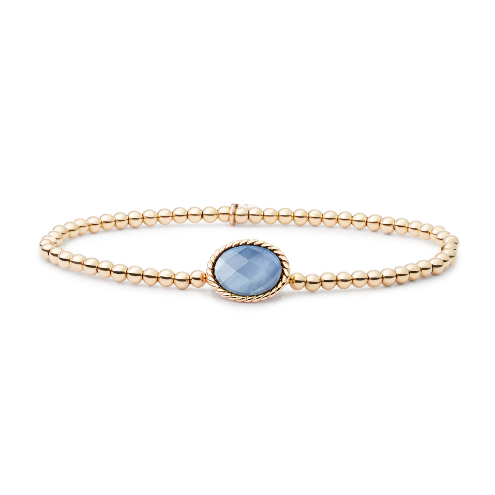 Gouden kralen armband met blue lace agate in een bedel met twist patroon #kleur_goud