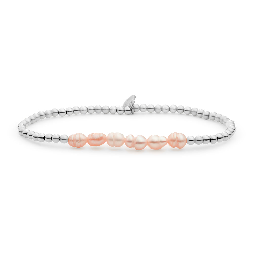 Armband parels perzikkleur voor dames met zilveren accenten die niet verkleuren #kleur_zilver