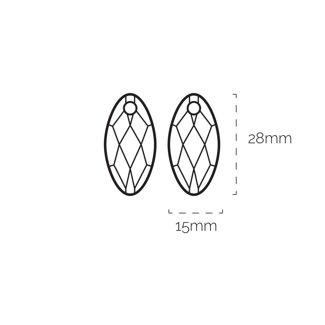 Afbeelding met techinische afmetingen van facet geslepen oorbel hanger edelstenen Sparkling Jewels